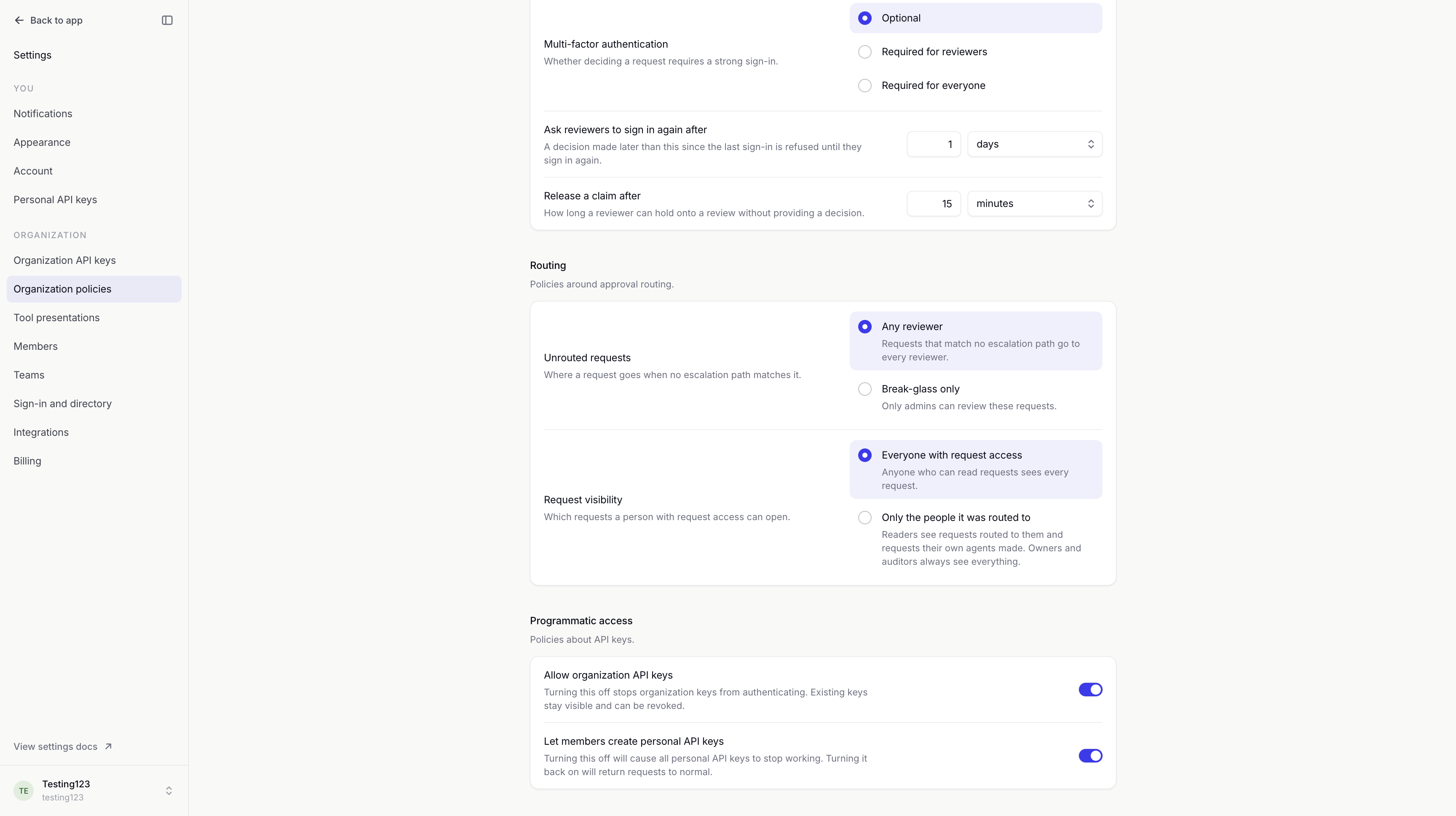 Organization policies showing unrouted request choices, request visibility and separate switches for organization and personal API keys