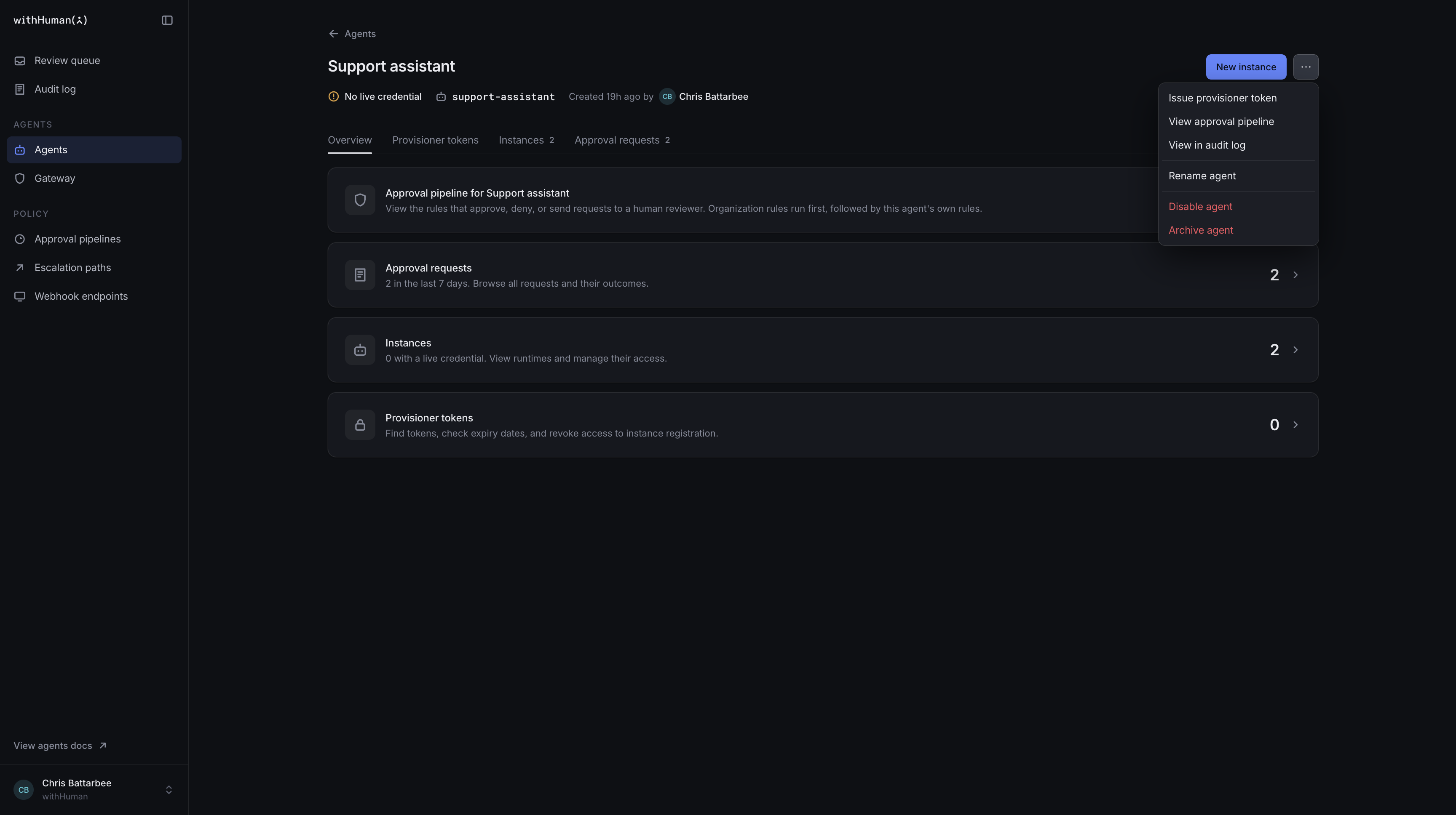 Support assistant's agent menu with Issue provisioner token available