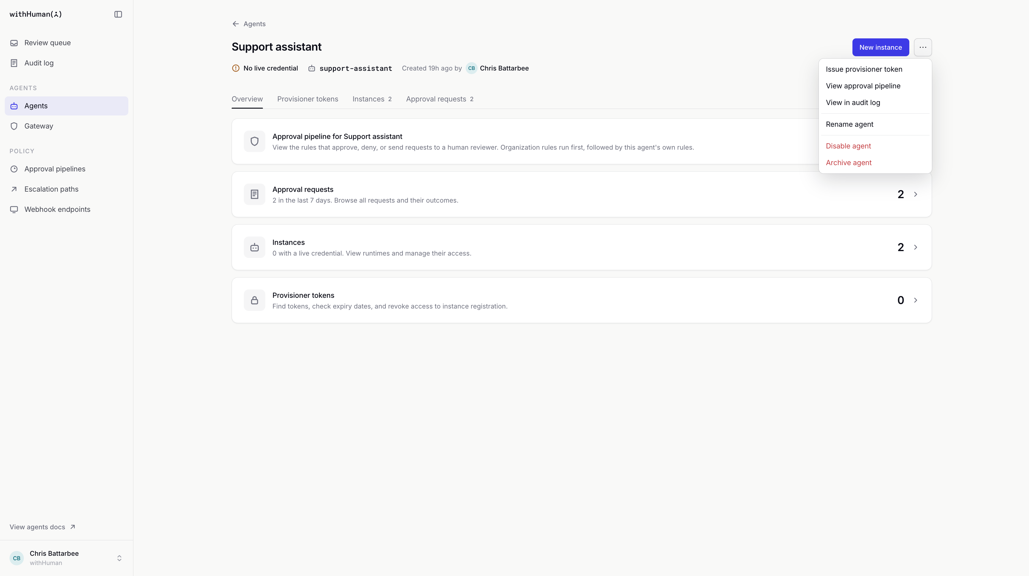 Support assistant's agent menu with Issue provisioner token available