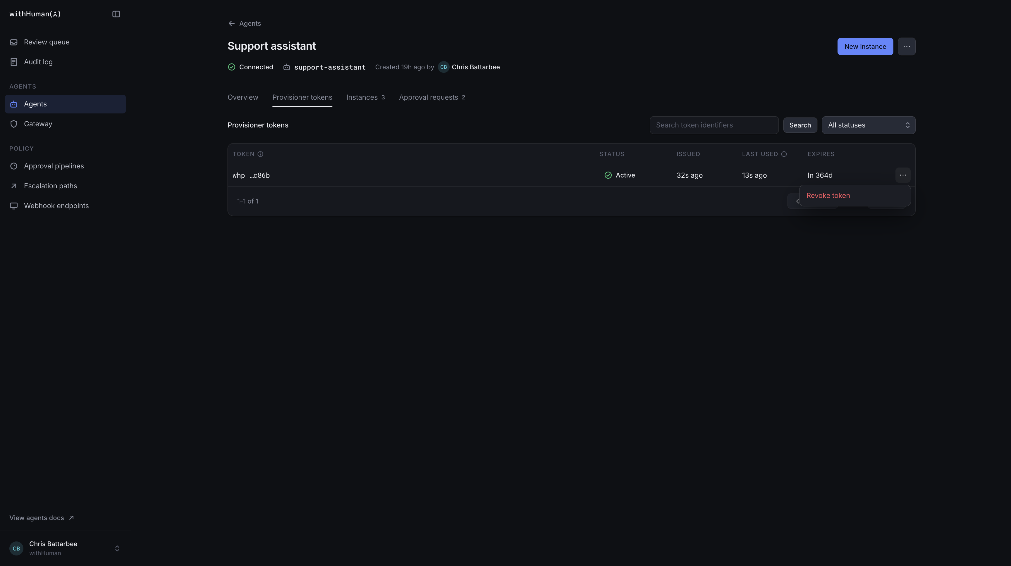 The Provisioner tokens table showing the demo token's status, last use and expiry, with Revoke token in its action menu