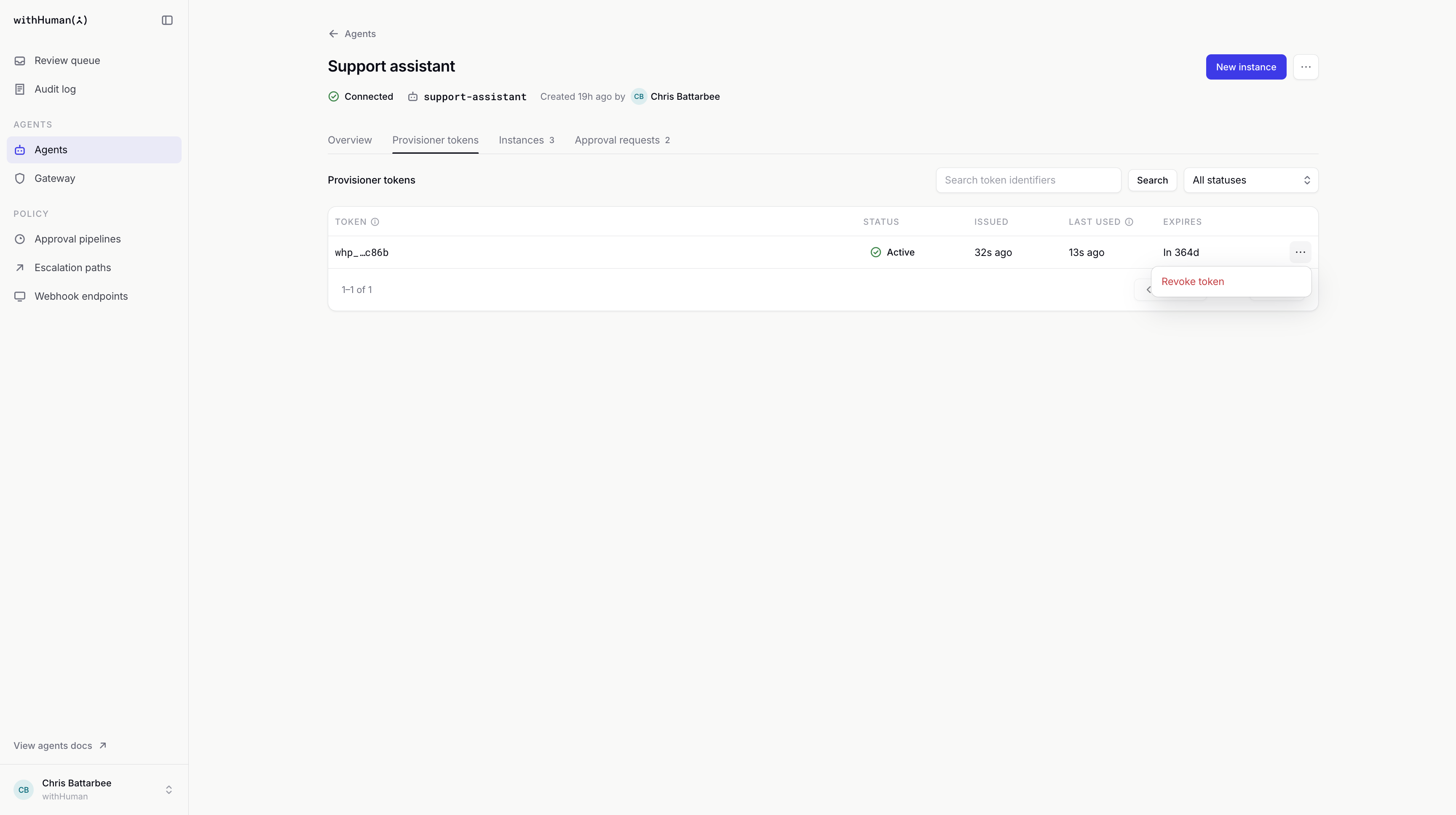 The Provisioner tokens table showing the demo token's status, last use and expiry, with Revoke token in its action menu