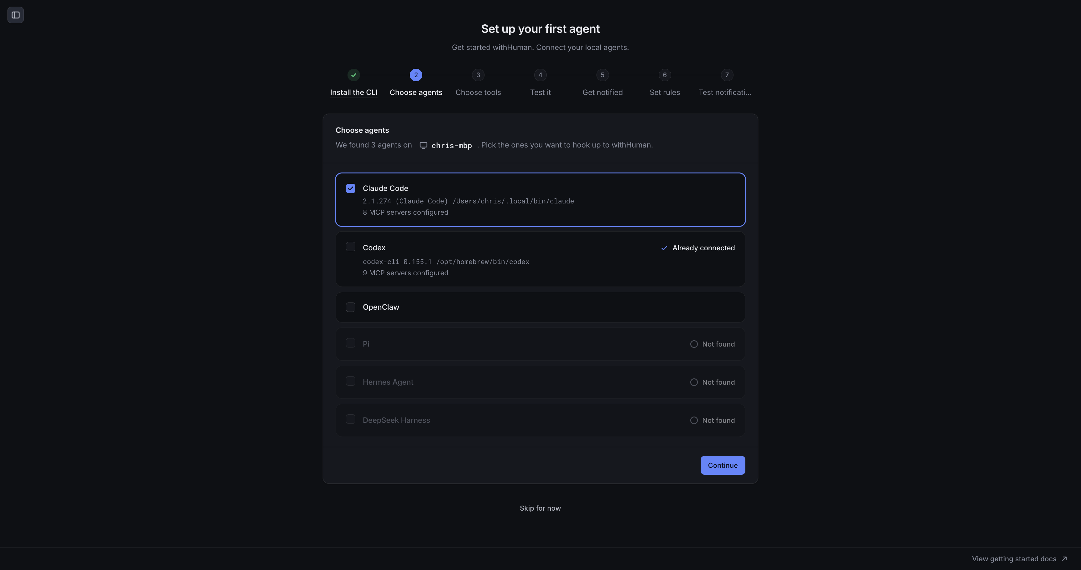Choose agents step with Claude Code selected and other detected agents left unselected