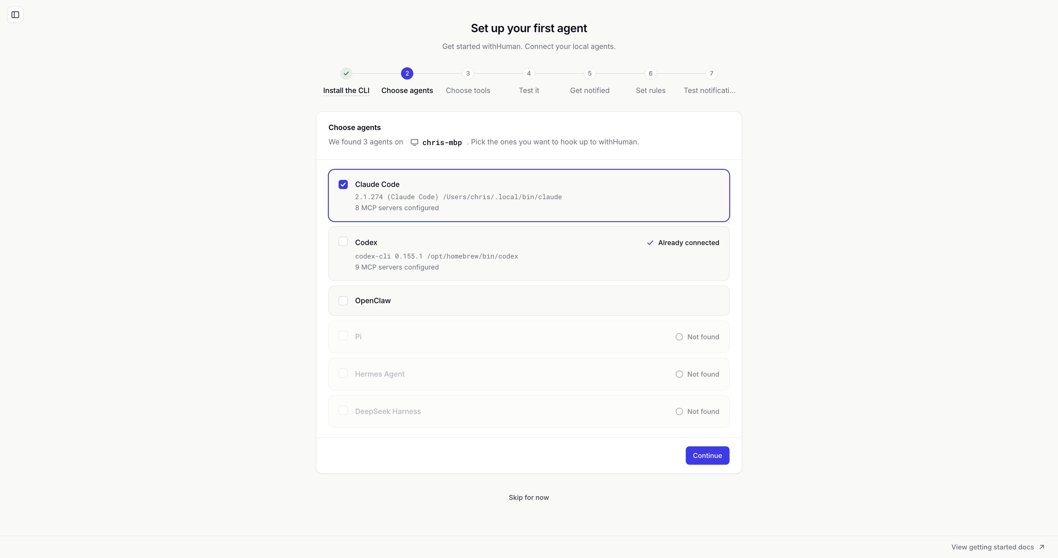 Choose agents step with Claude Code selected and other detected agents left unselected