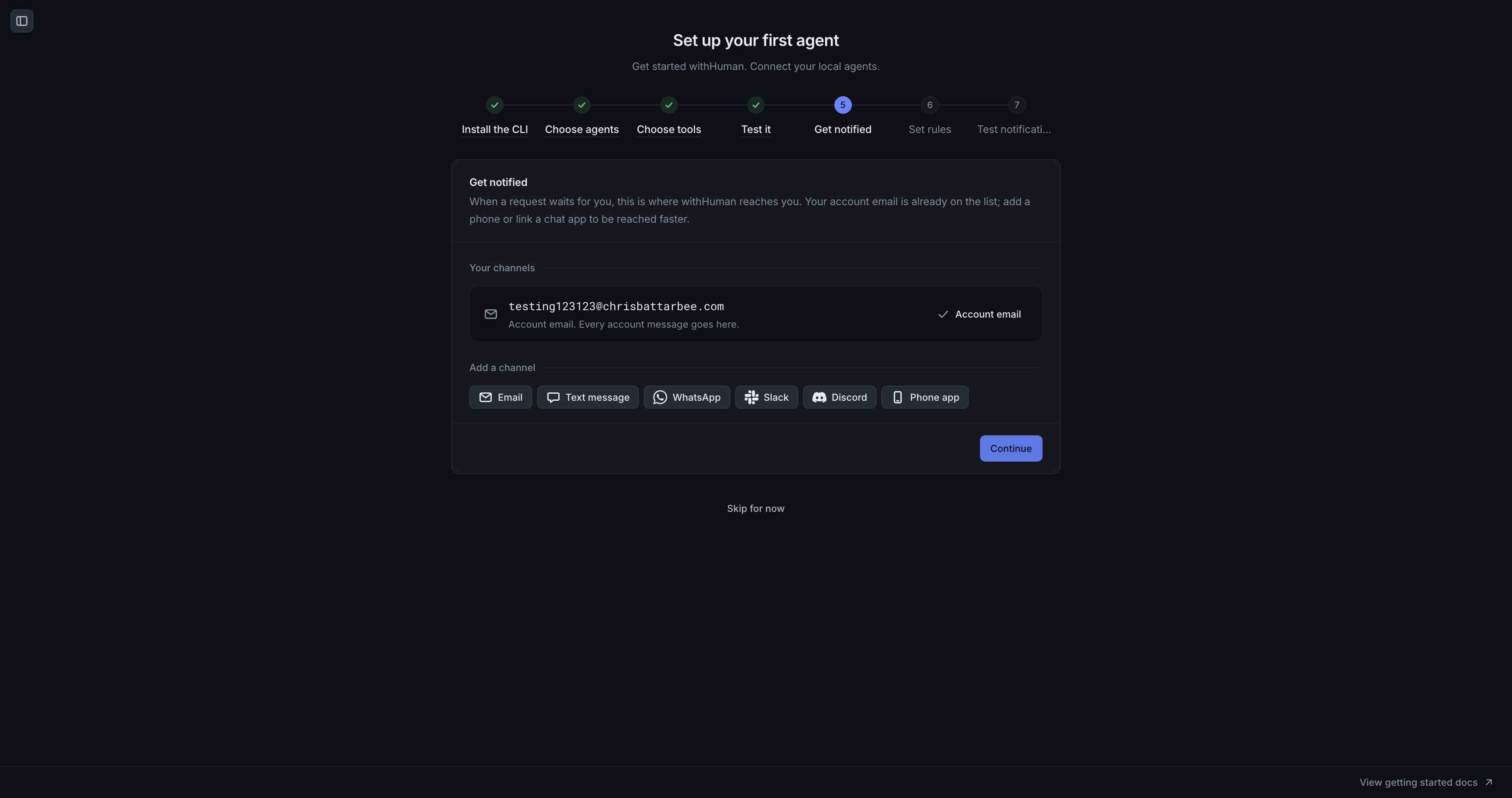 Get notified step showing an account email and the available notification channel choices