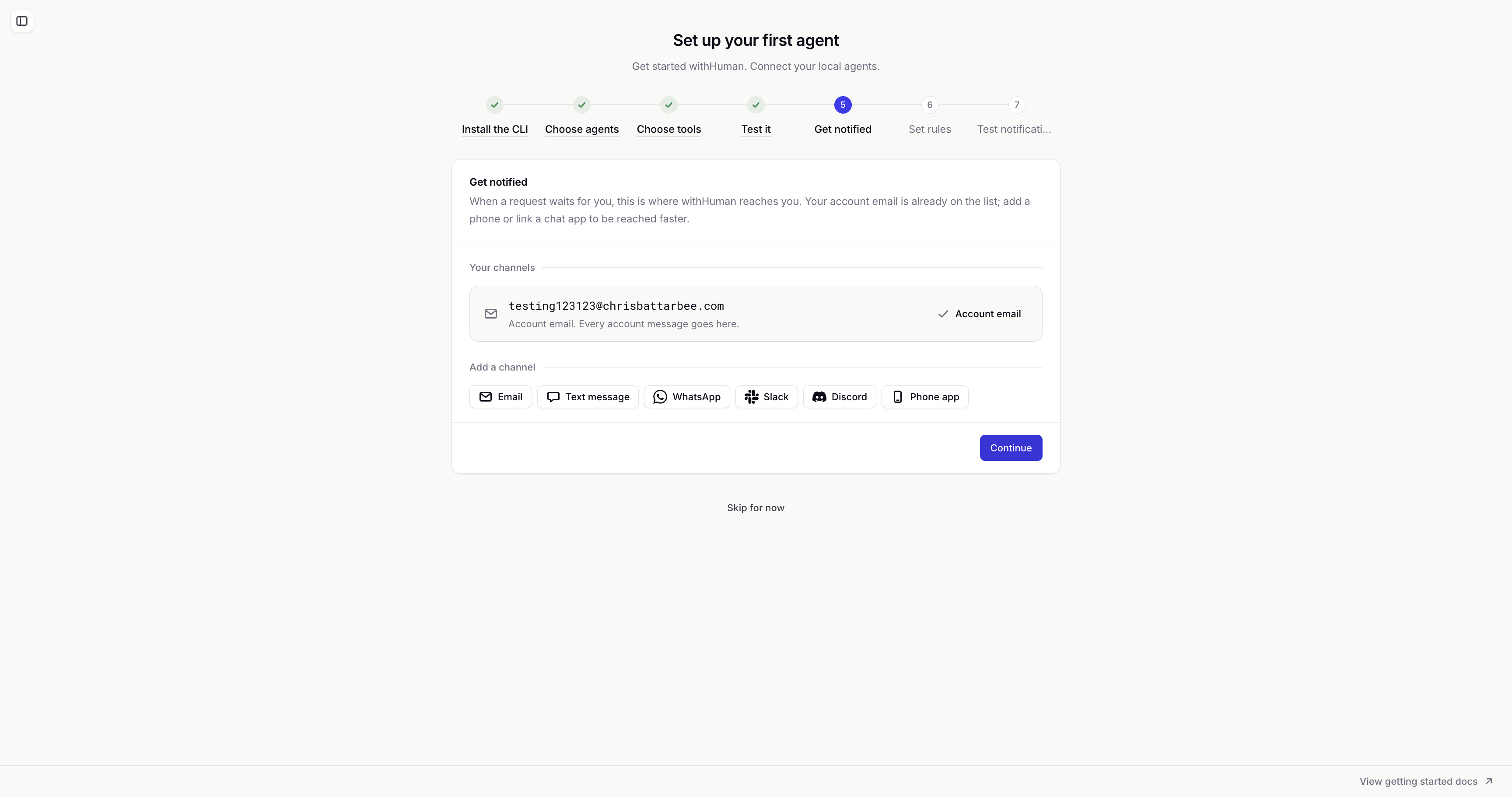 Get notified step showing an account email and the available notification channel choices