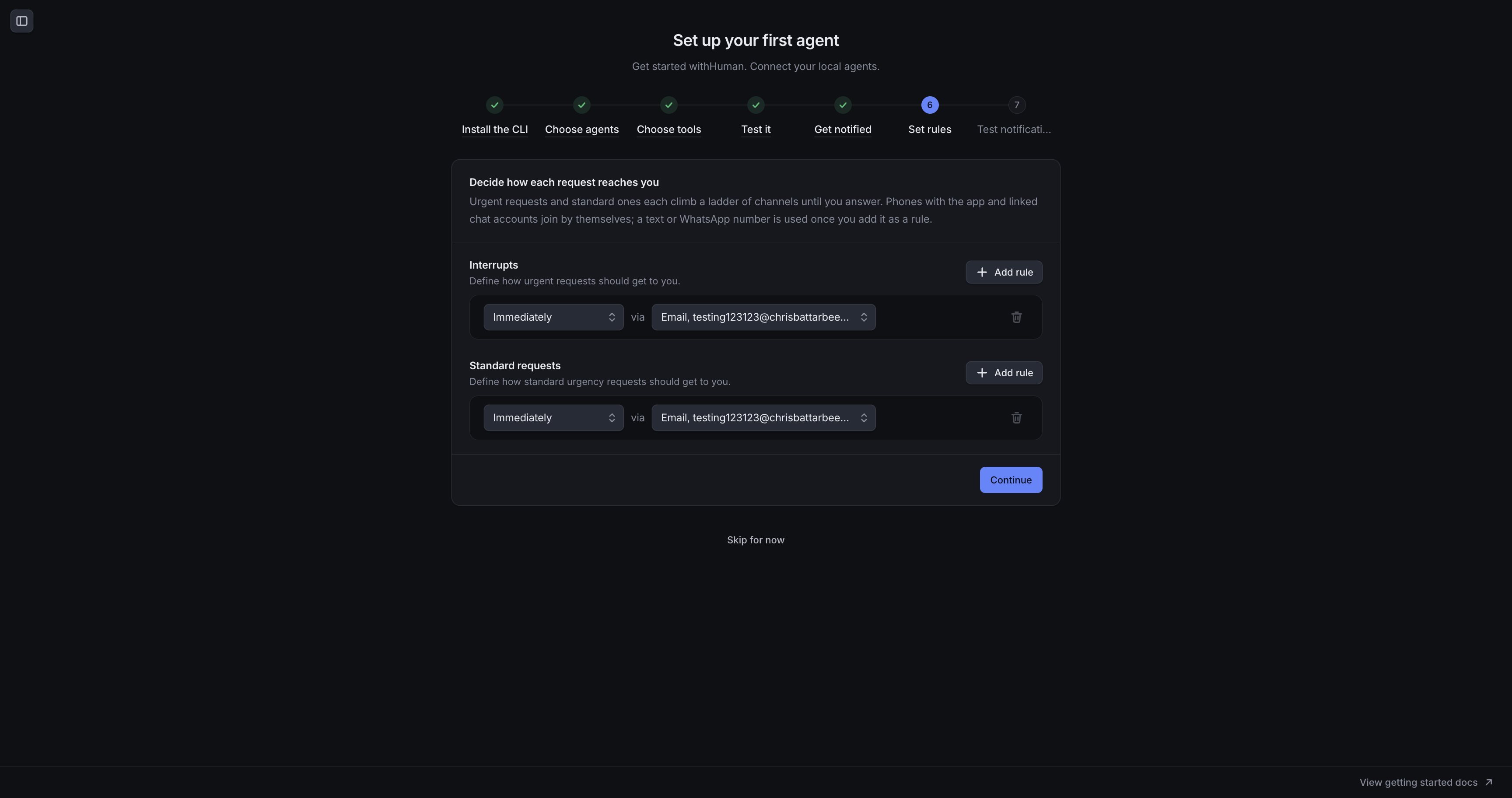 Set rules step showing immediate email notifications for Interrupts and Standard requests