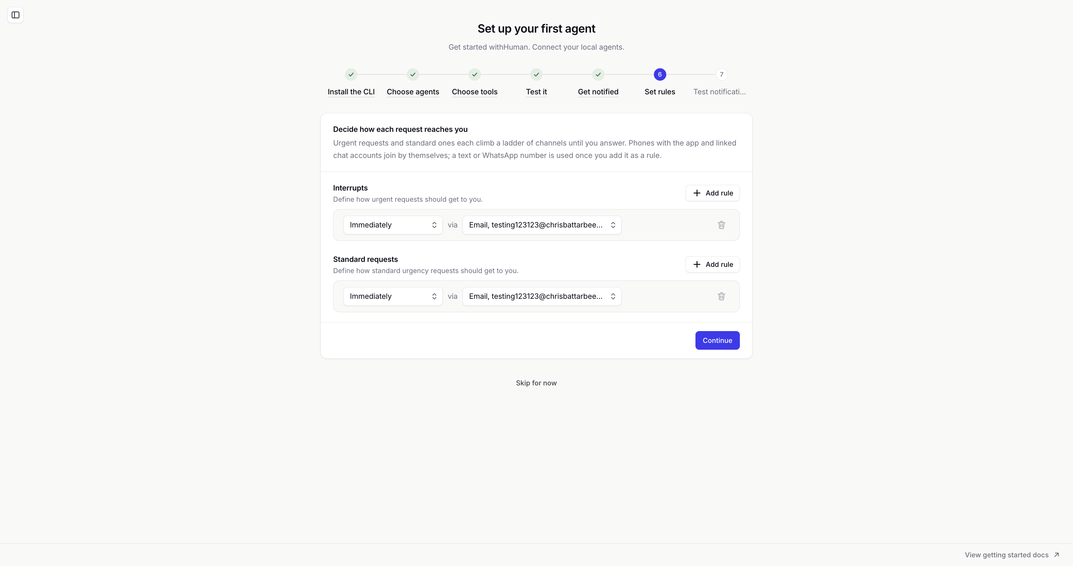 Set rules step showing immediate email notifications for Interrupts and Standard requests