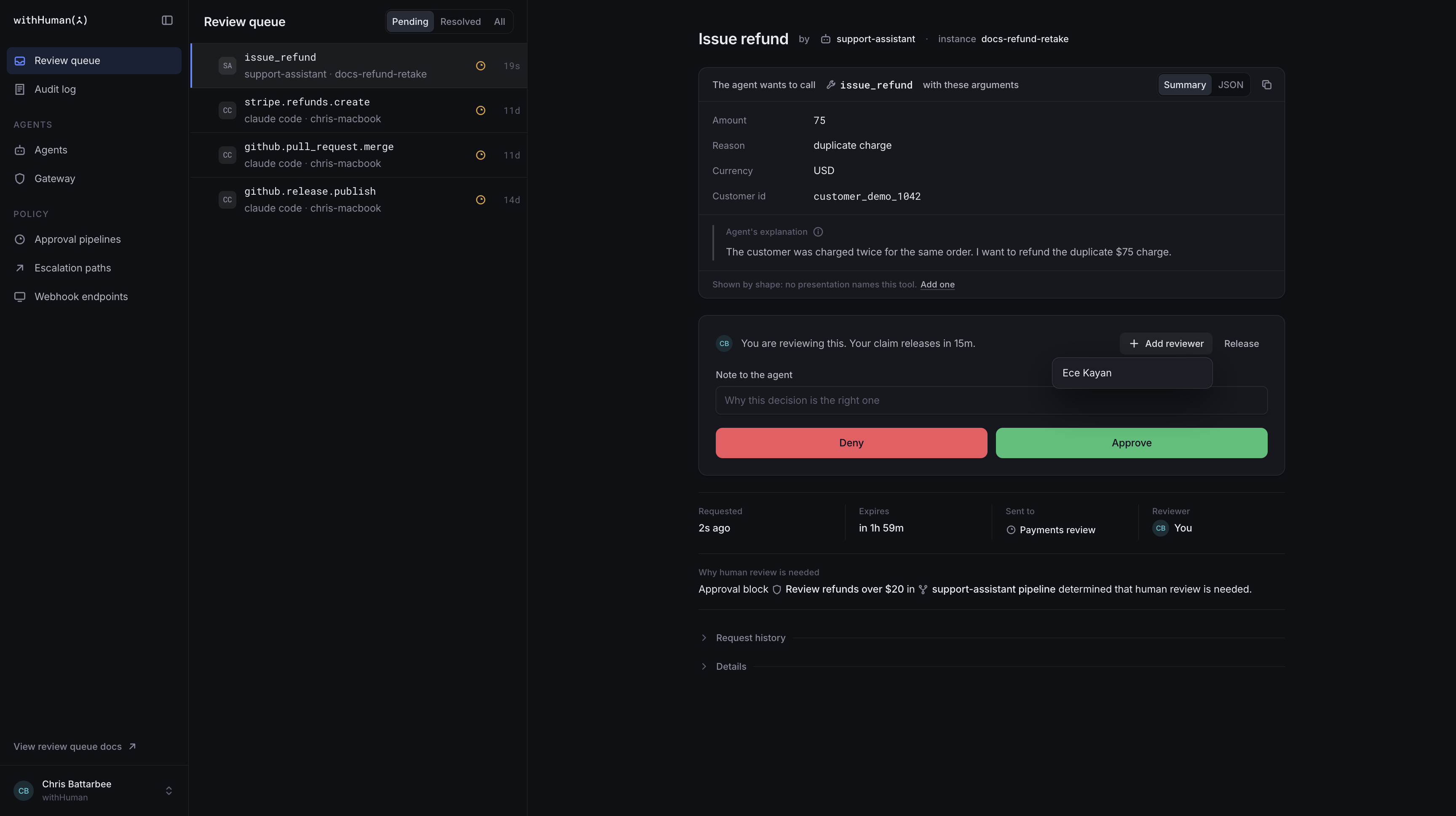 The Add reviewer menu on the refund request, with Ece Kayan available to select