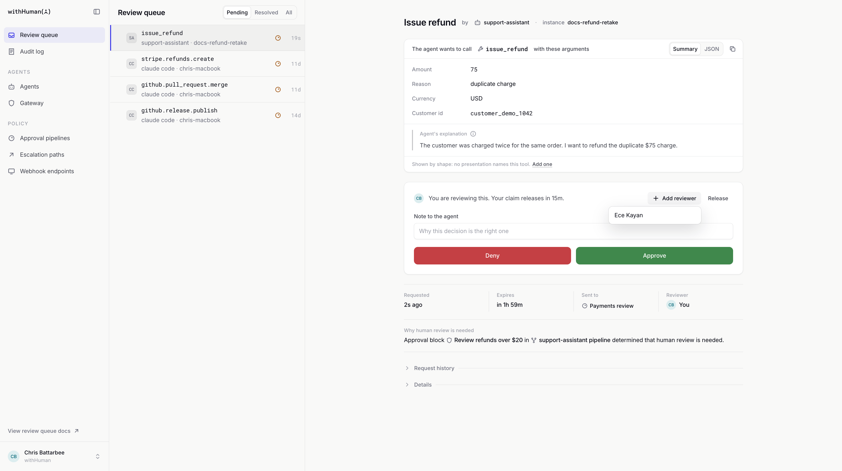 The Add reviewer menu on the refund request, with Ece Kayan available to select