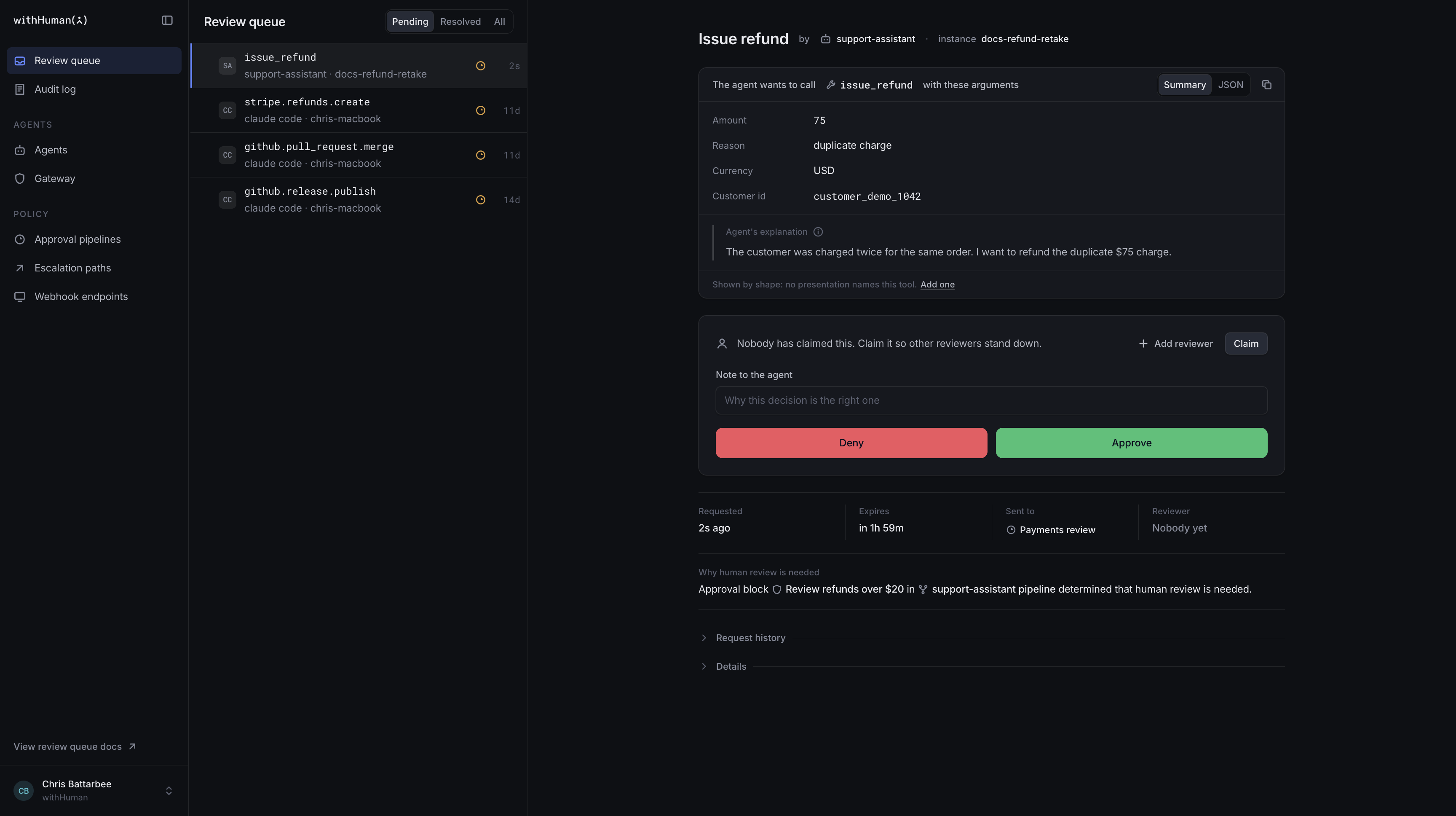 The review queue with the Support assistant's $75 refund request open beside the pending list