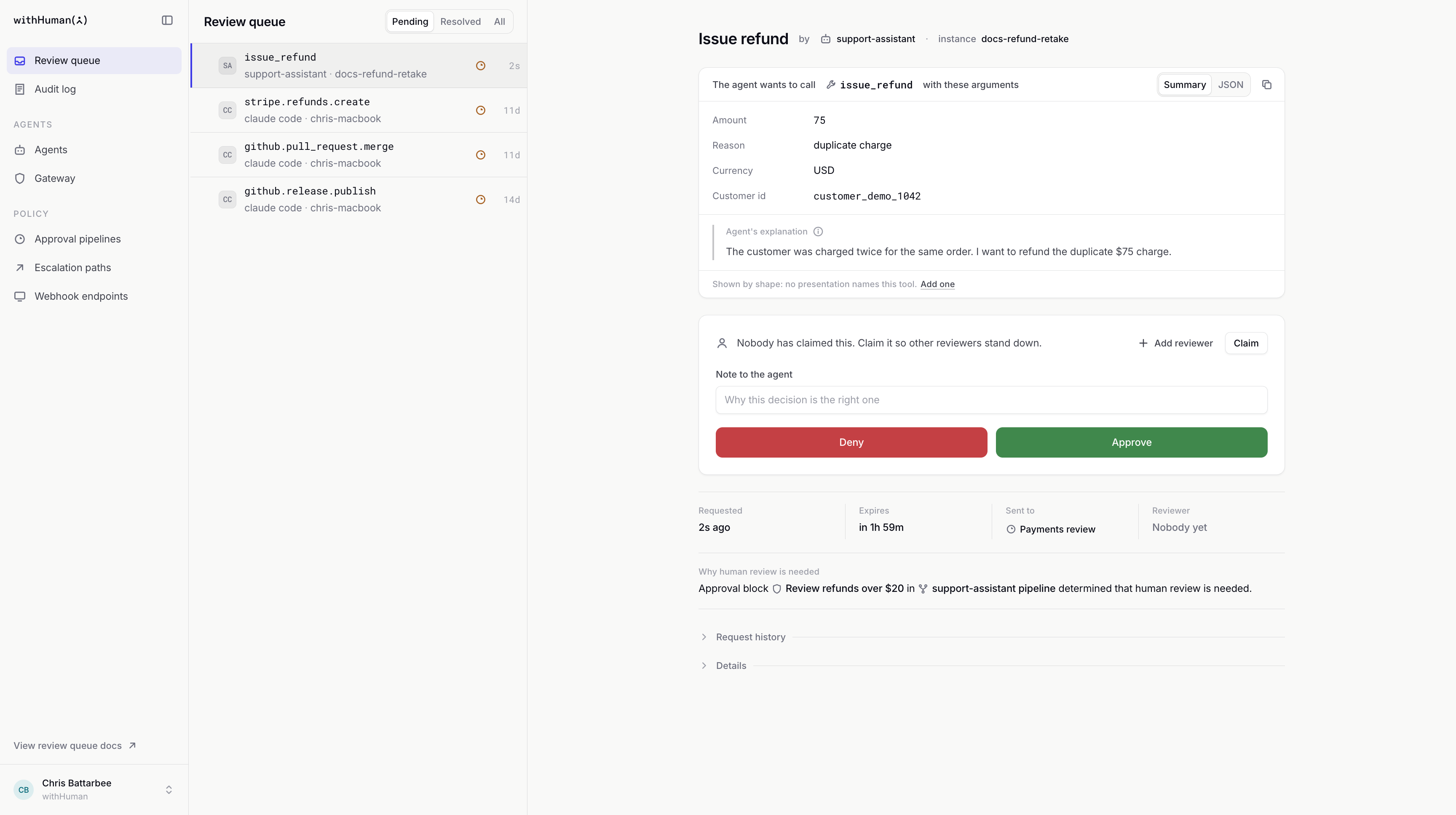 The review queue with the Support assistant's $75 refund request open beside the pending list