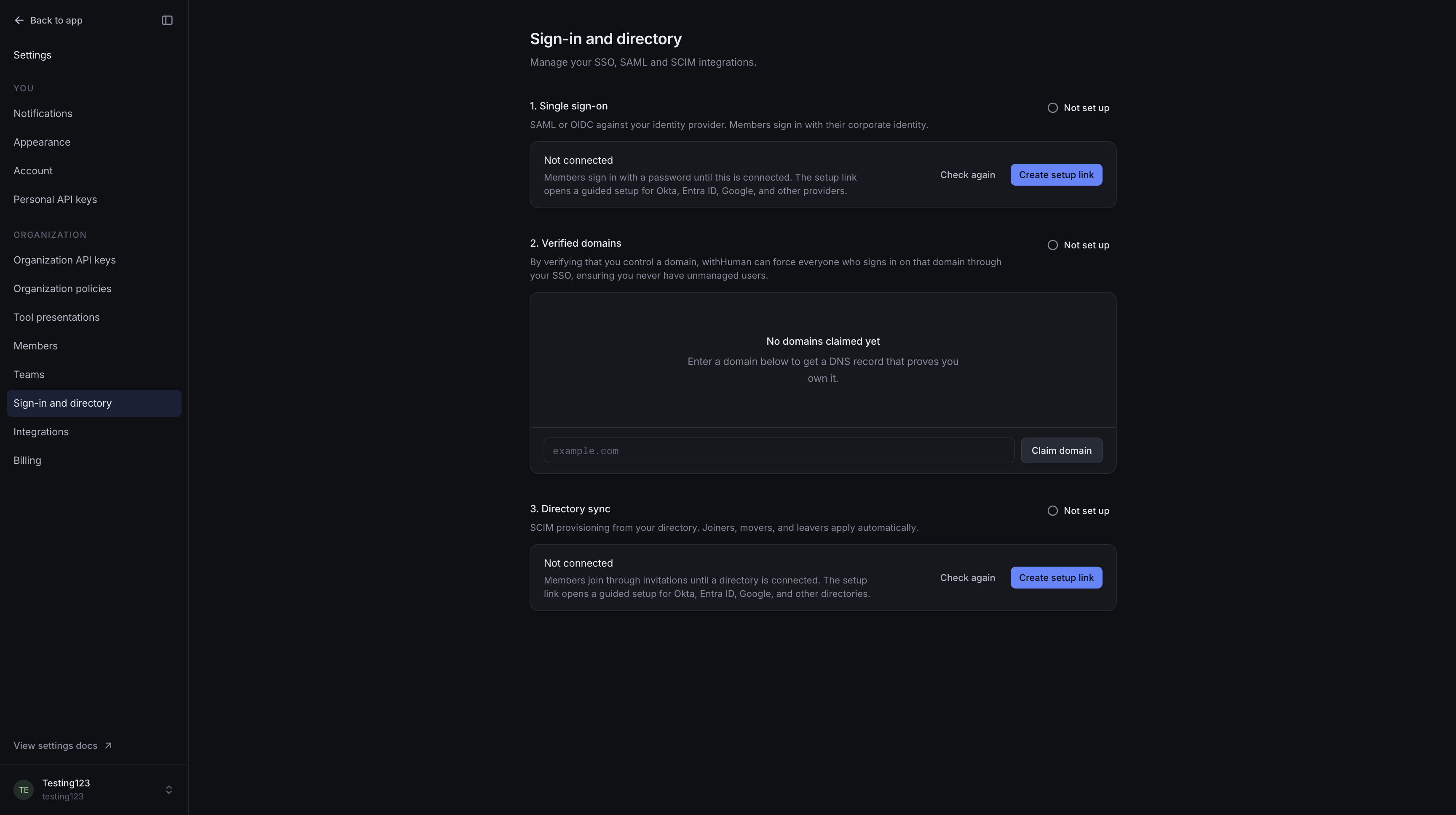 Sign-in and directory settings showing separate Single sign-on, Verified domains and Directory sync sections before setup