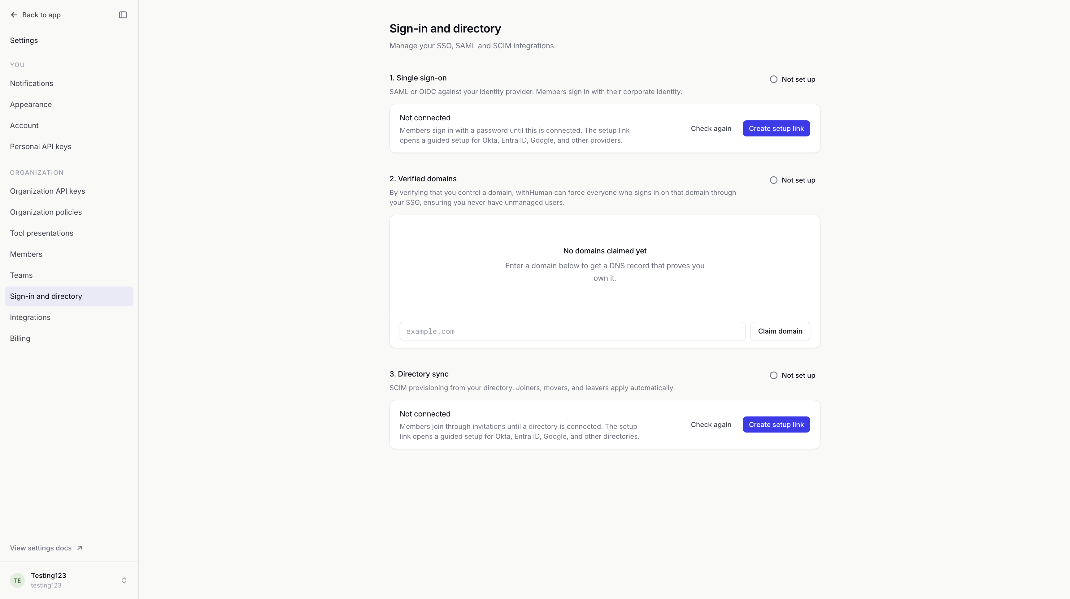 Sign-in and directory settings showing separate Single sign-on, Verified domains and Directory sync sections before setup