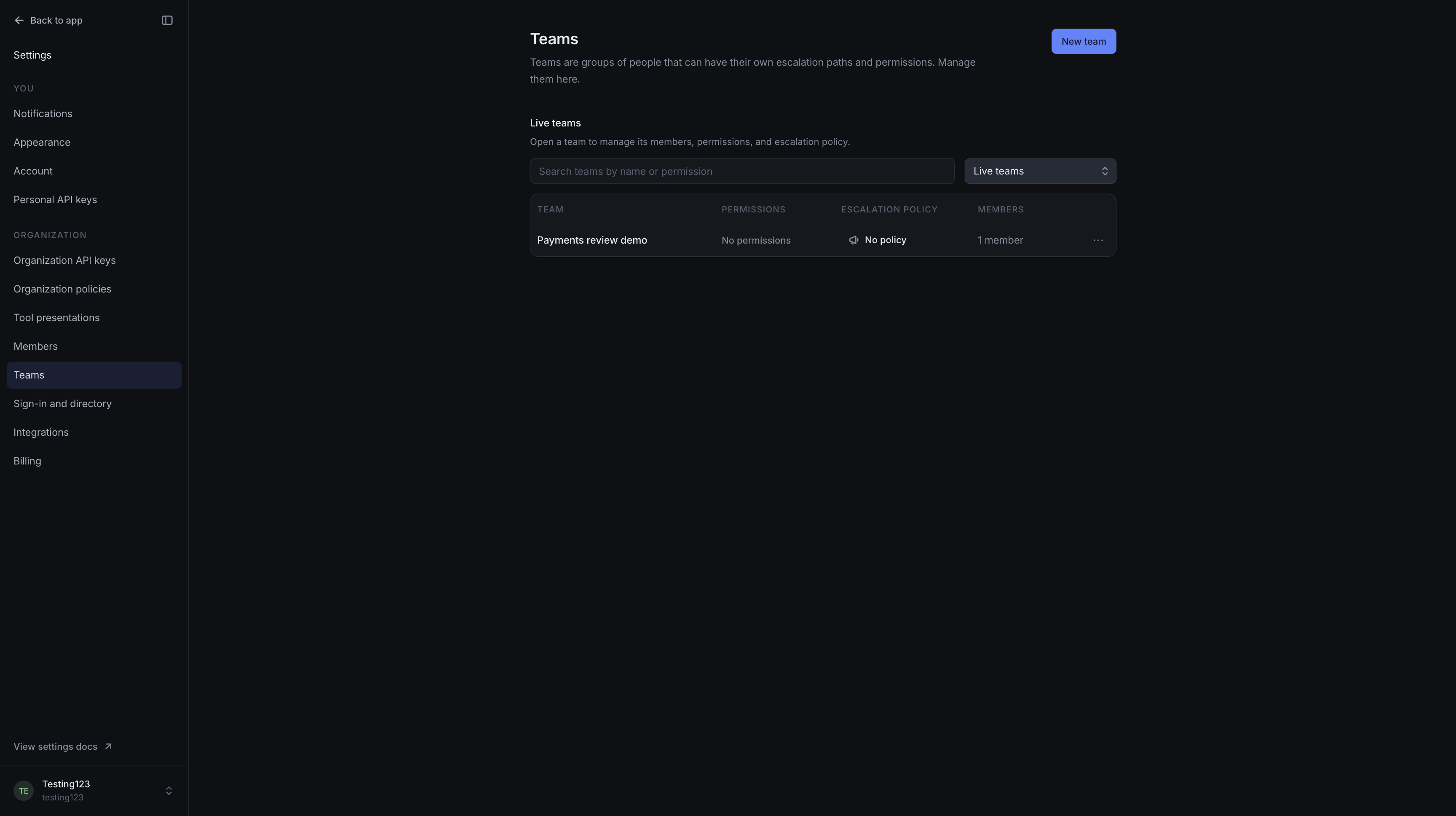 Teams inventory showing Payments review demo, its member count, permissions and escalation-policy status