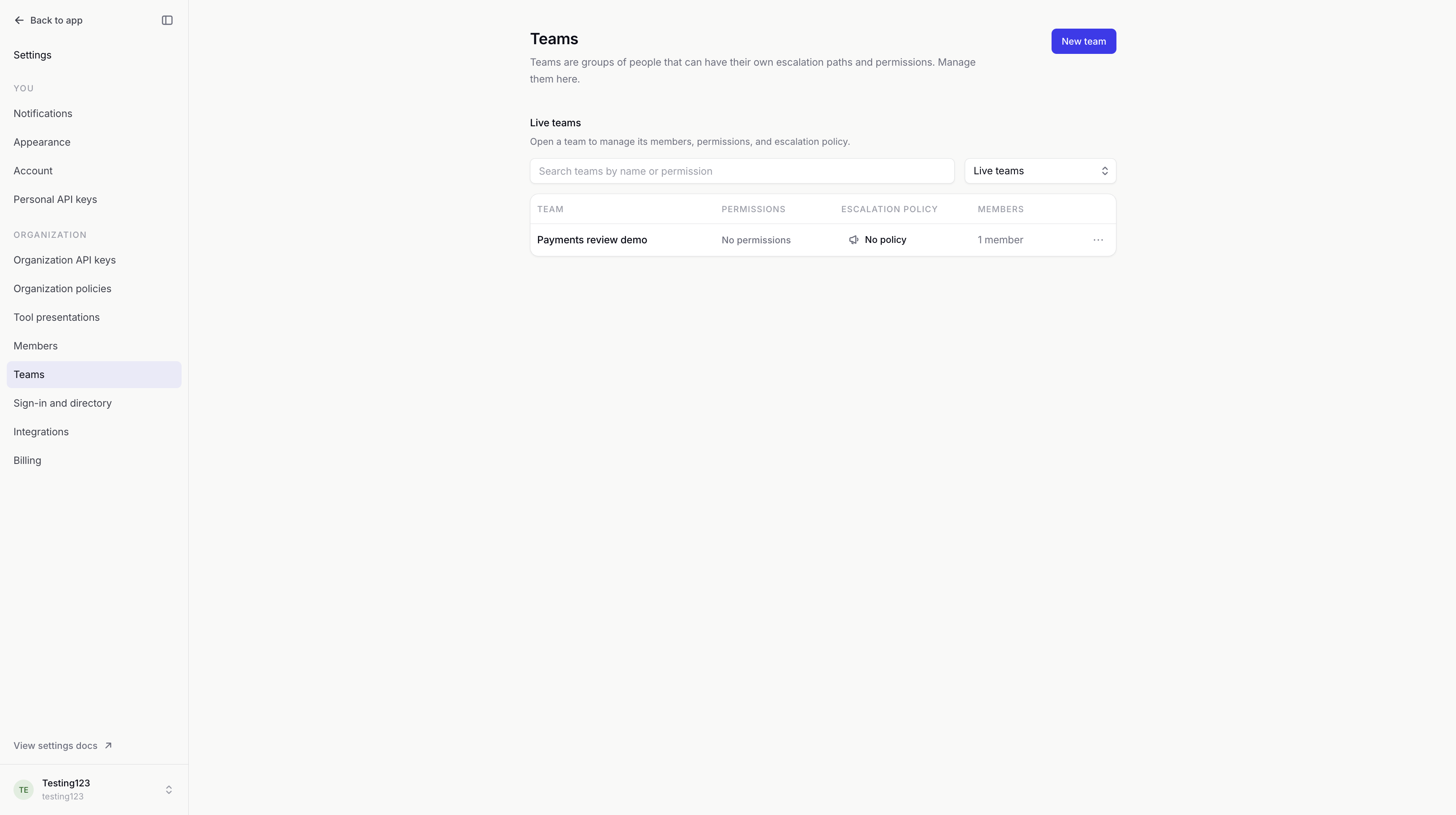 Teams inventory showing Payments review demo, its member count, permissions and escalation-policy status