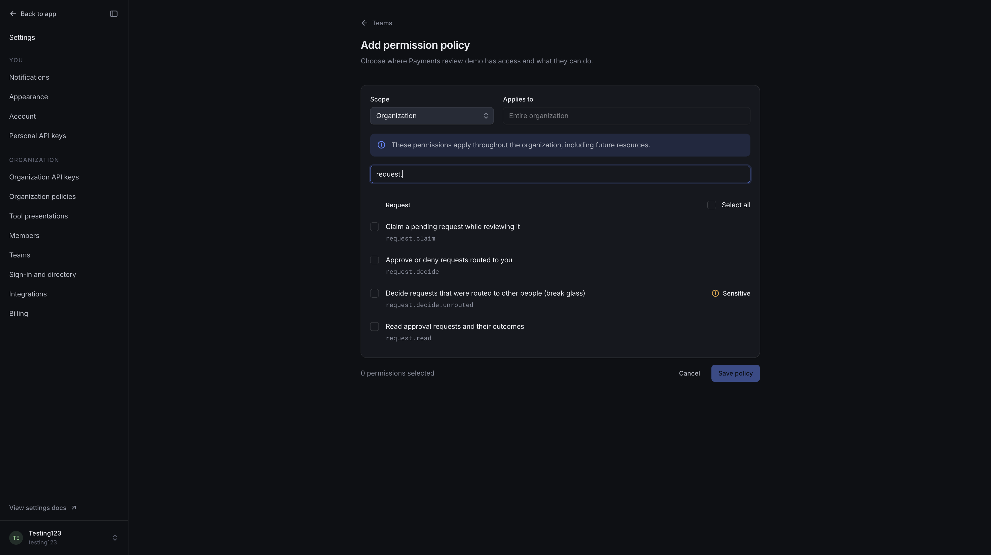 Team permission editor showing Organization scope and available request permissions, with none selected