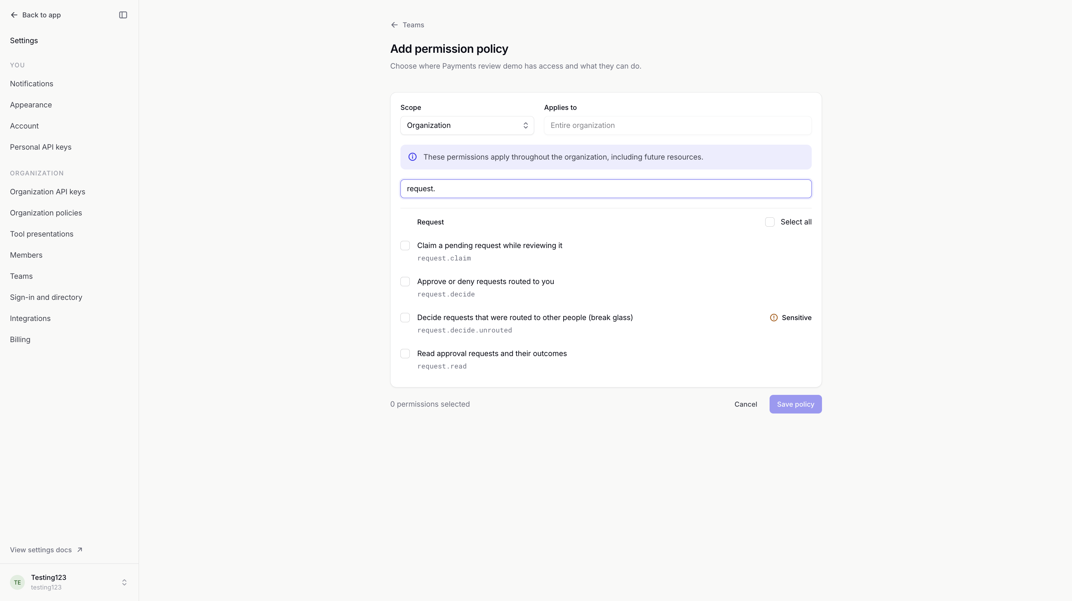 Team permission editor showing Organization scope and available request permissions, with none selected