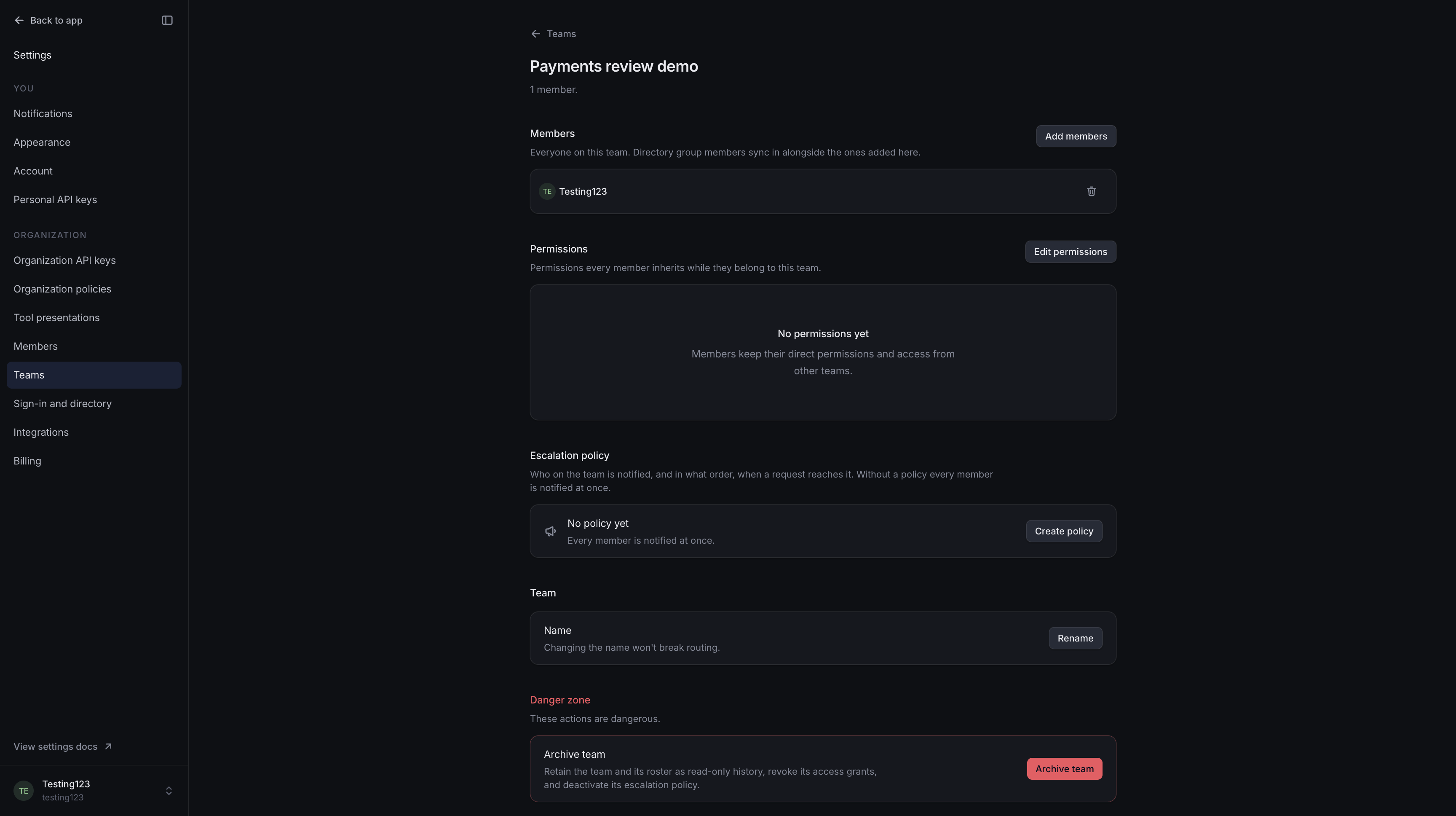 Payments review demo showing its member roster, no inherited permissions and no escalation policy