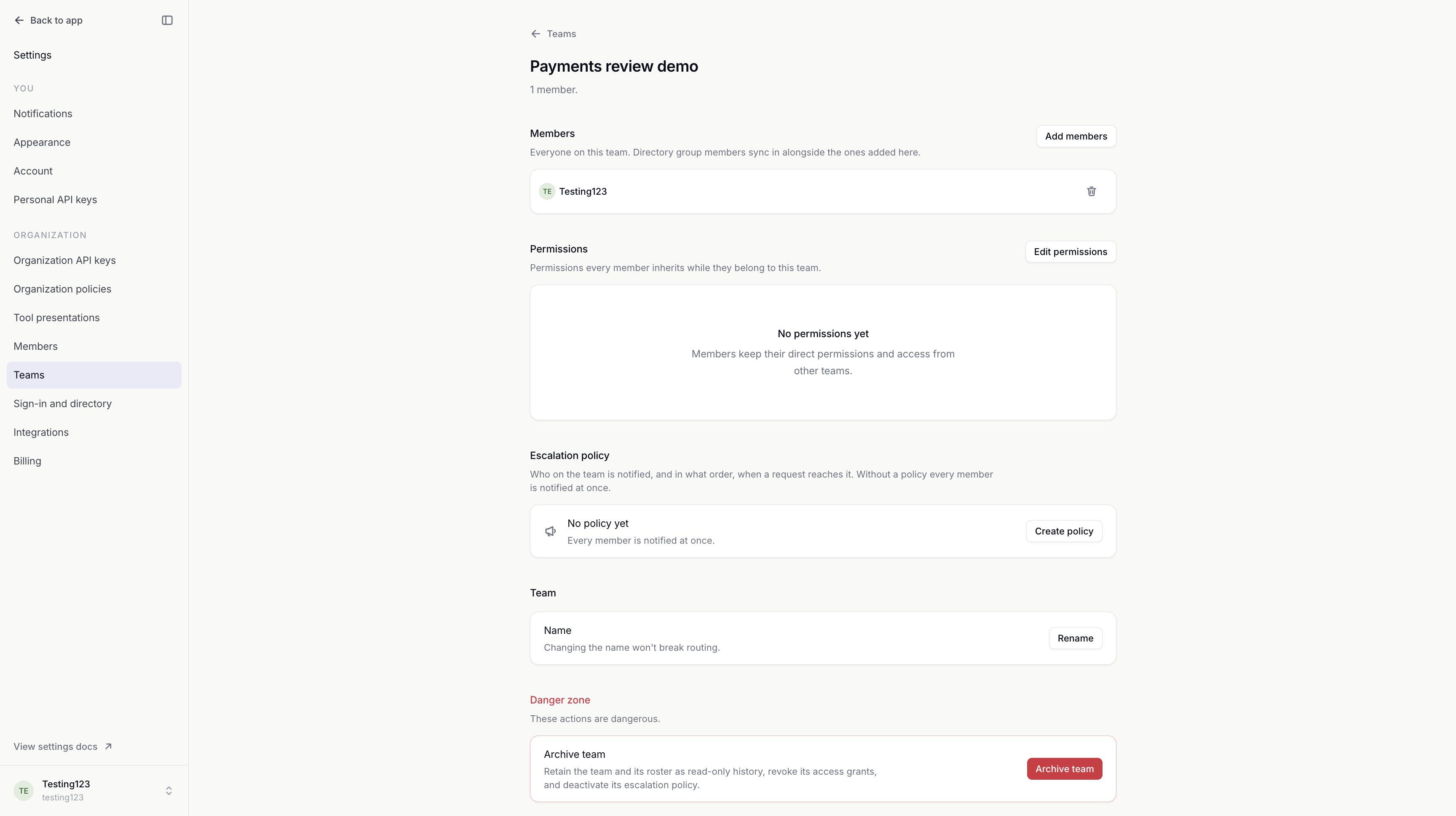 Payments review demo showing its member roster, no inherited permissions and no escalation policy