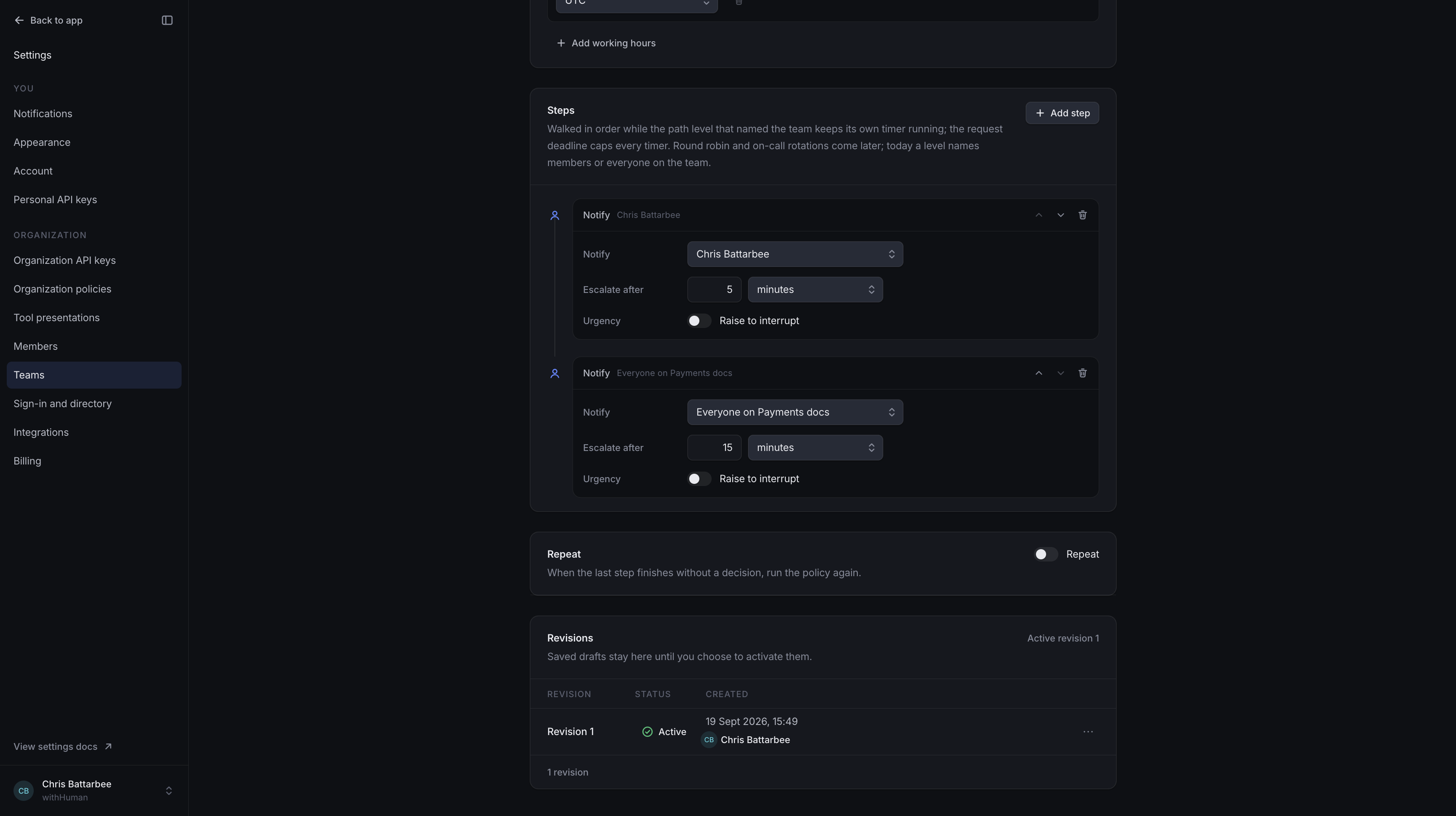 Saved team escalation policy showing notification steps, their delays and the revision history