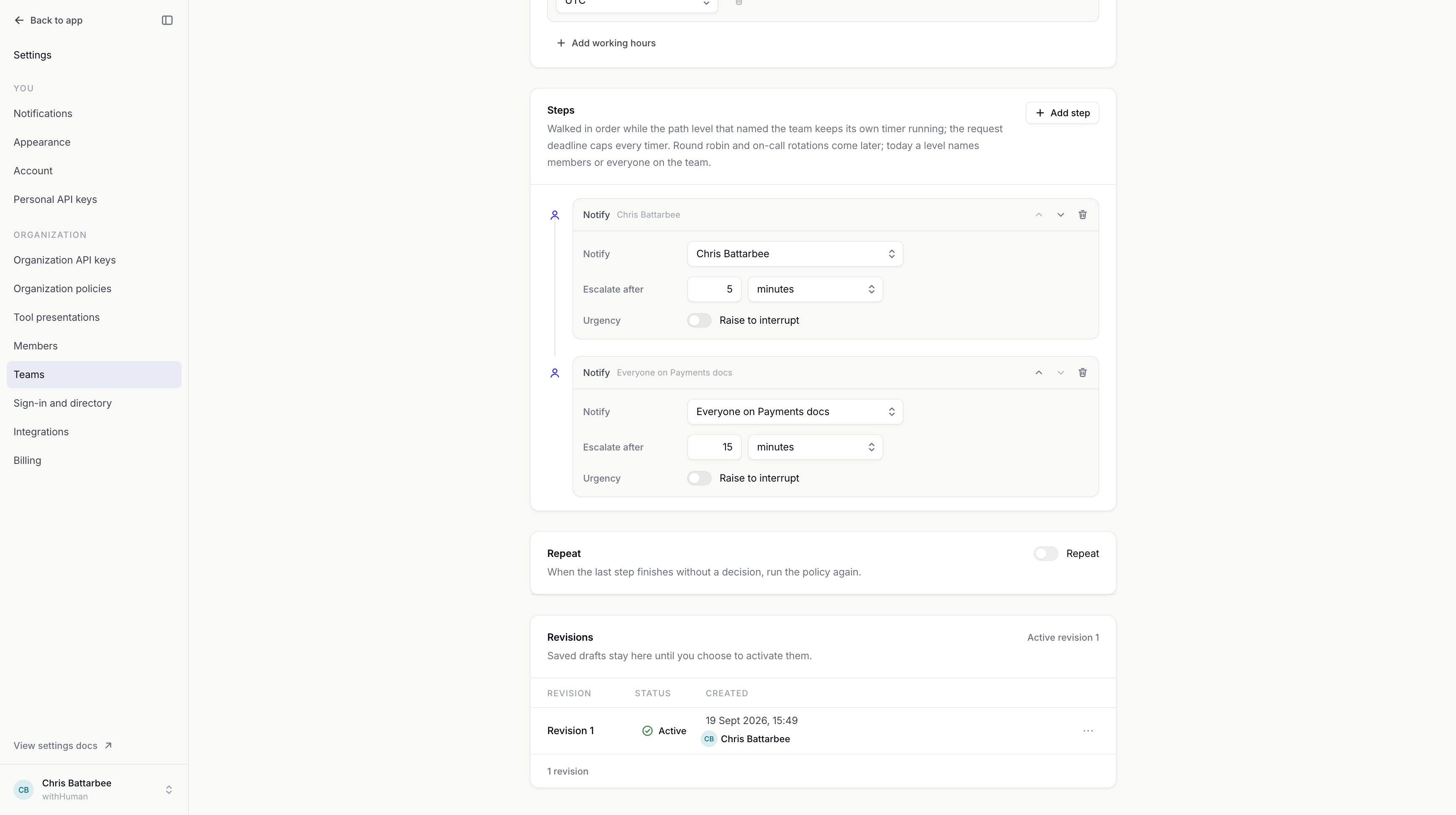 Saved team escalation policy showing notification steps, their delays and the revision history