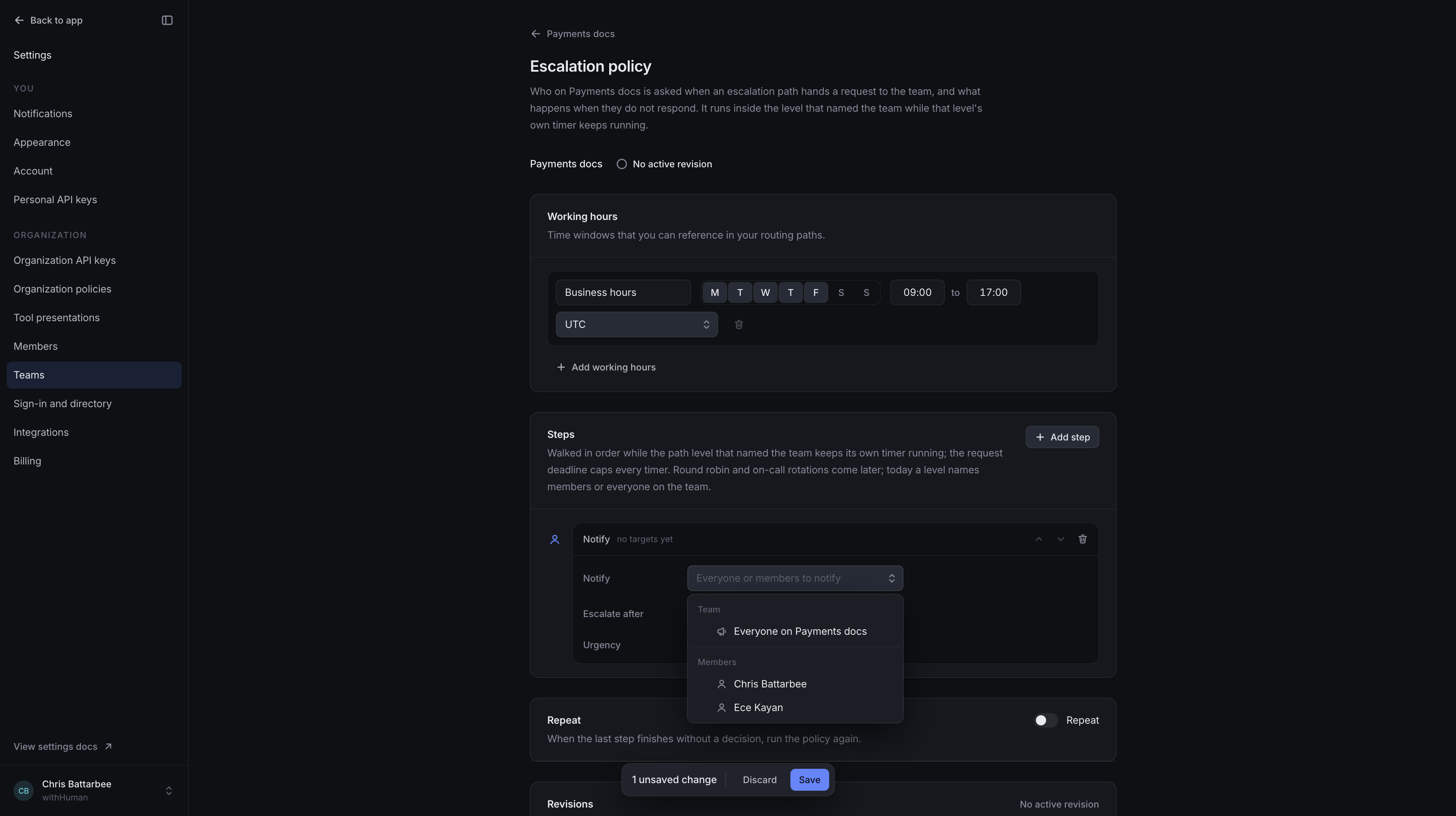 Team policy Notify picker offering Everyone on the documentation team and individual team members