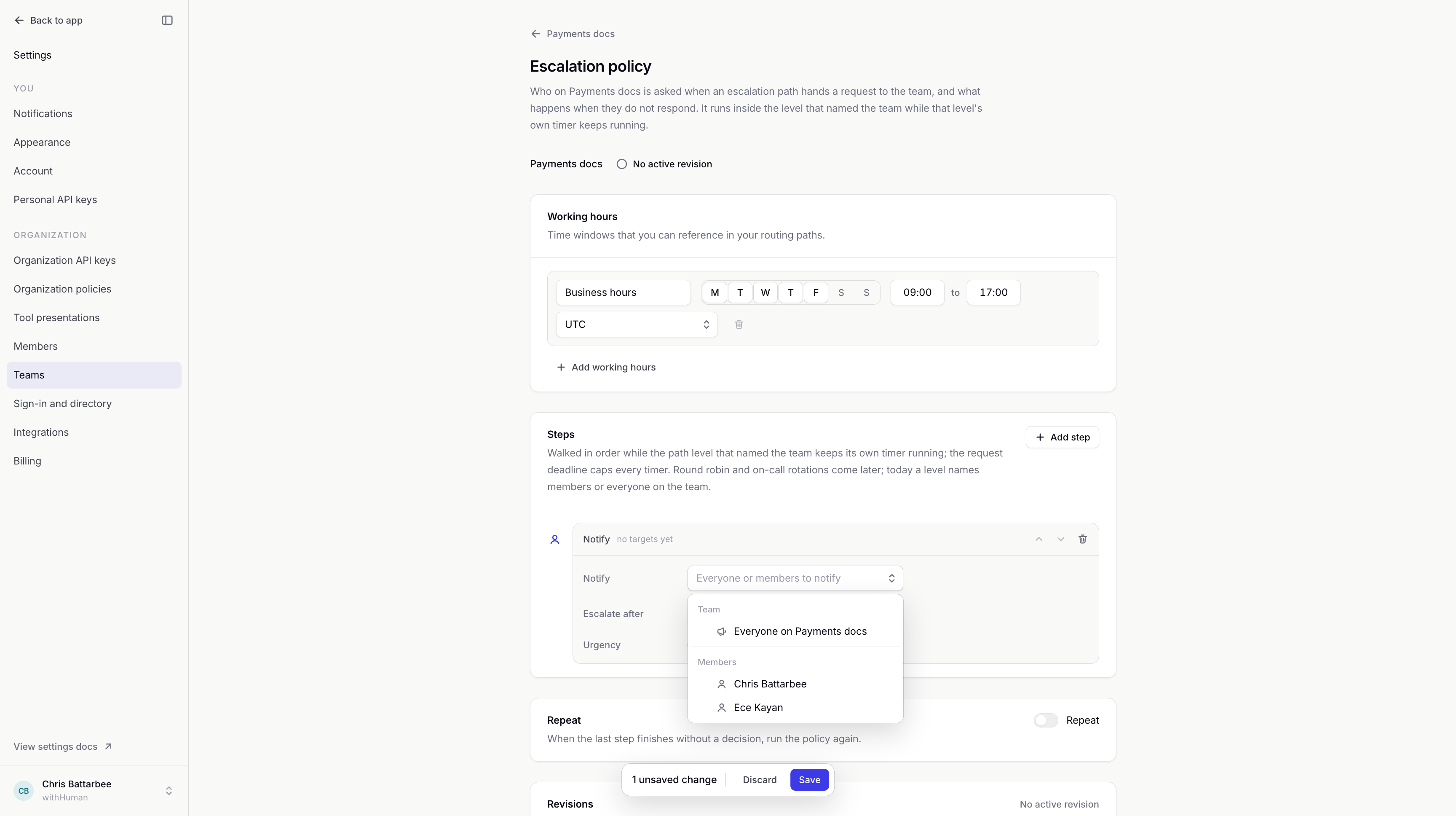Team policy Notify picker offering Everyone on the documentation team and individual team members