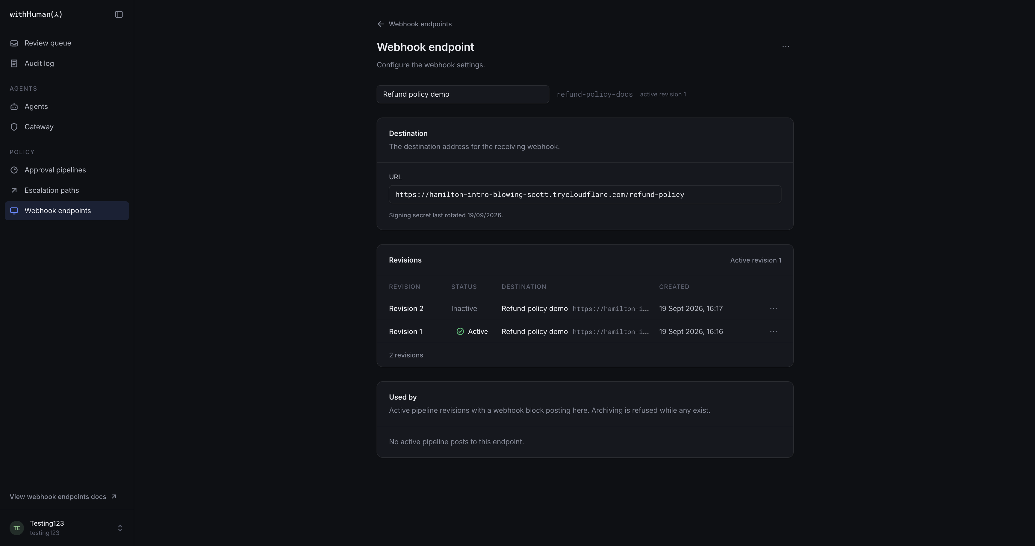 Refund policy demo showing its active destination, an inactive draft revision and revision history