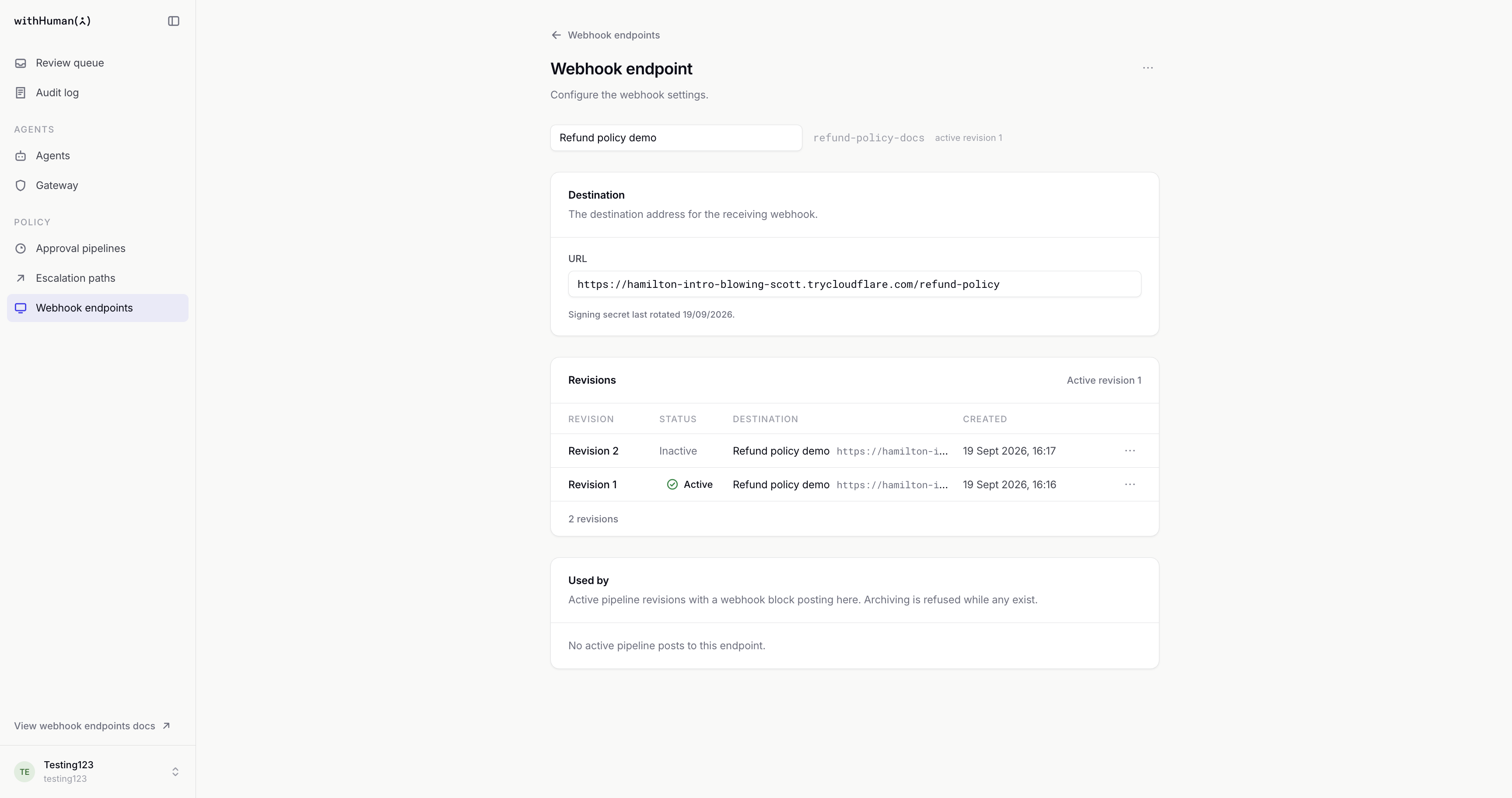 Refund policy demo showing its active destination, an inactive draft revision and revision history