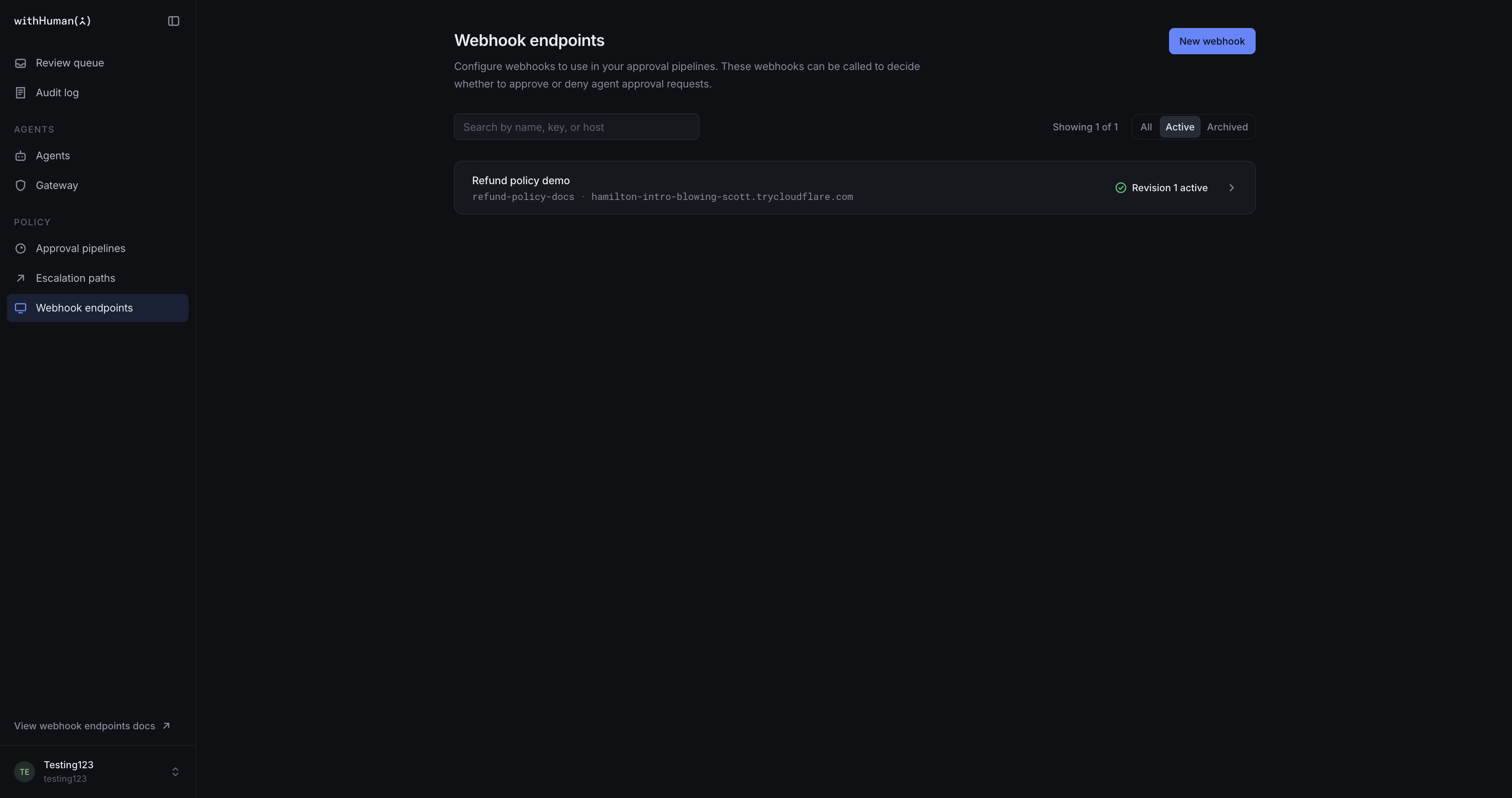 Webhook endpoint inventory showing Refund policy demo and its active revision