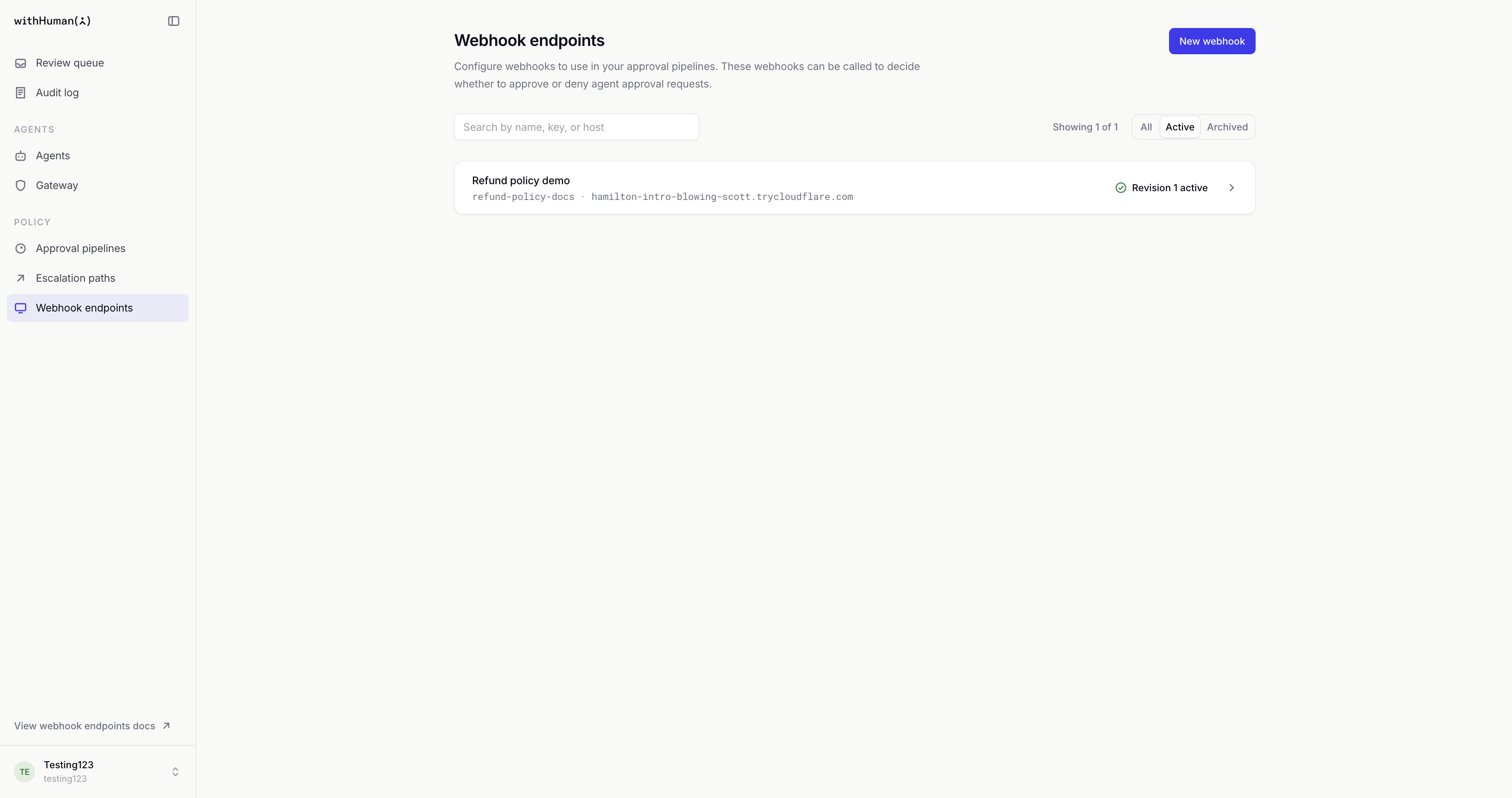 Webhook endpoint inventory showing Refund policy demo and its active revision