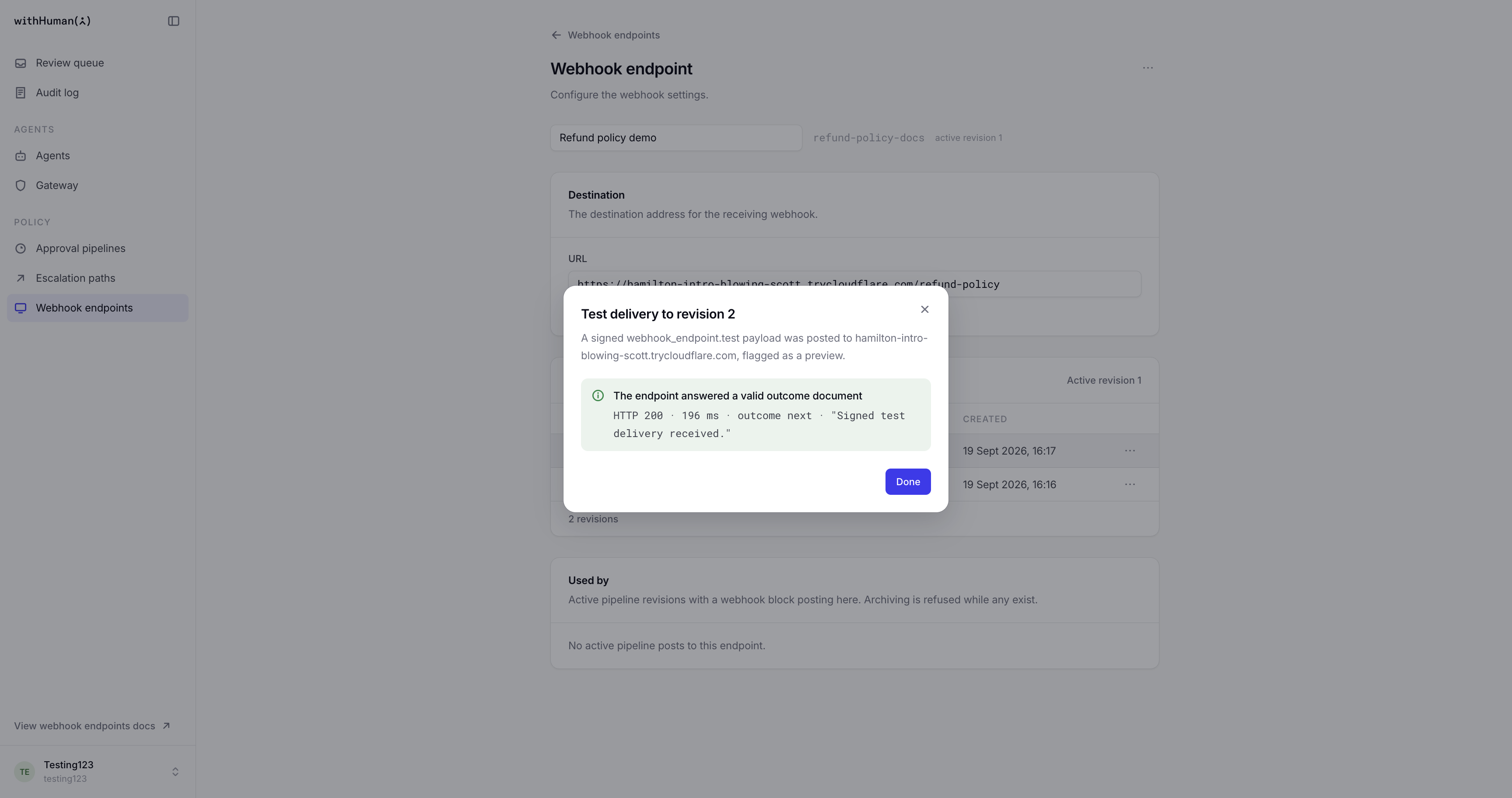Successful signed test delivery to the draft endpoint revision, showing HTTP status, duration, outcome and reason